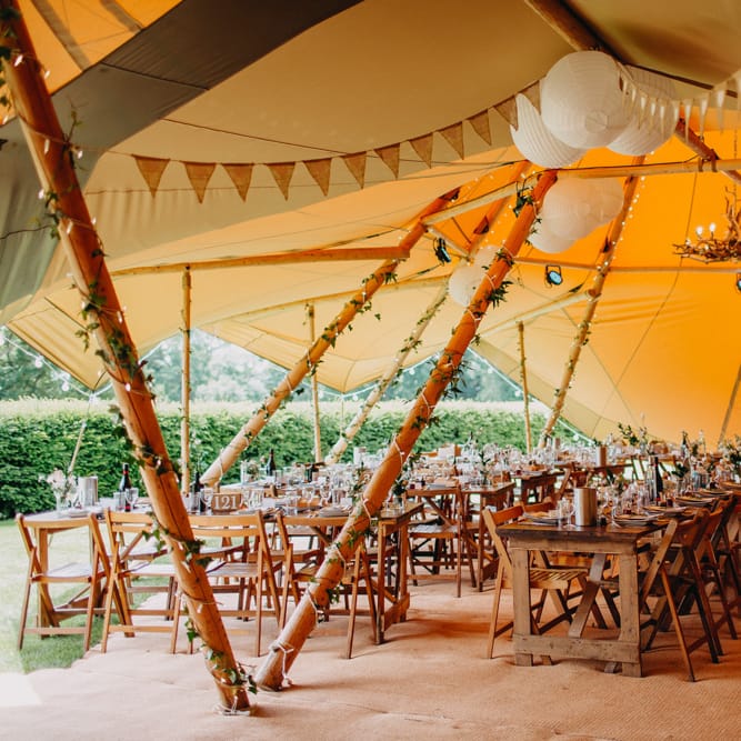 String Lights, Bunting &amp; Lanterns Wedding Reception Decor | DIY Rustic Tipi Wedding at Riverhill Gardens, Sevenoaks | Frances Sales Photography