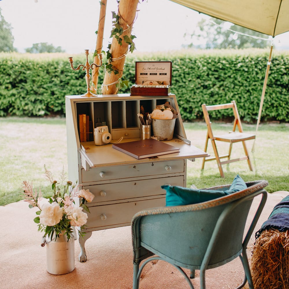 Vintage Writing Desk Guest Book Area | Wedding Decor | DIY Rustic Tipi Wedding at Riverhill Gardens, Sevenoaks | Frances Sales Photography