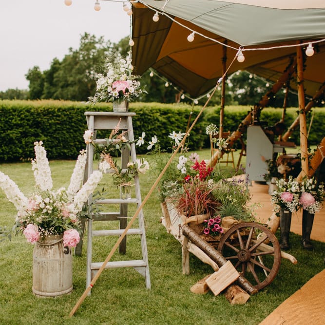 Vintage Step Ladder &amp; Flower Filled Milk Churn Wedding Decor | DIY Rustic Tipi Wedding at Riverhill Gardens, Sevenoaks | Frances Sales Photography