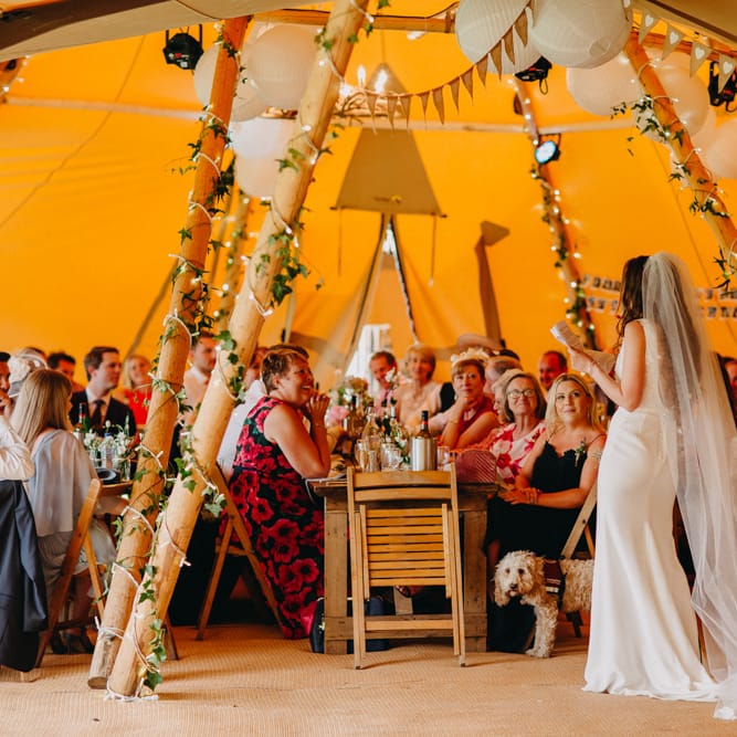 Wedding Reception Speeches | Bride in Halo &amp; Wren Wedding Dress | DIY Rustic Tipi Wedding at Riverhill Gardens, Sevenoaks | Frances Sales Photography
