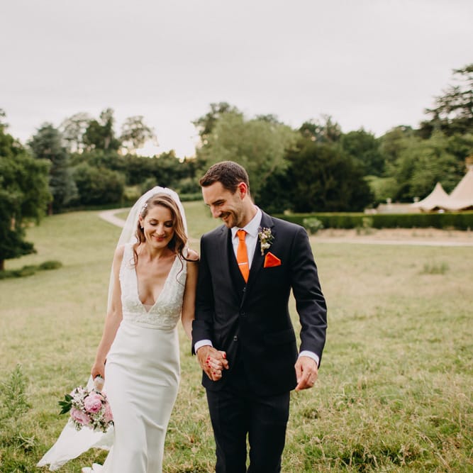 Bride in Halo &amp; Wren Wedding Dress | Groom in Moss Bros. Suit | DIY Rustic Tipi Wedding at Riverhill Gardens, Sevenoaks | Frances Sales Photography