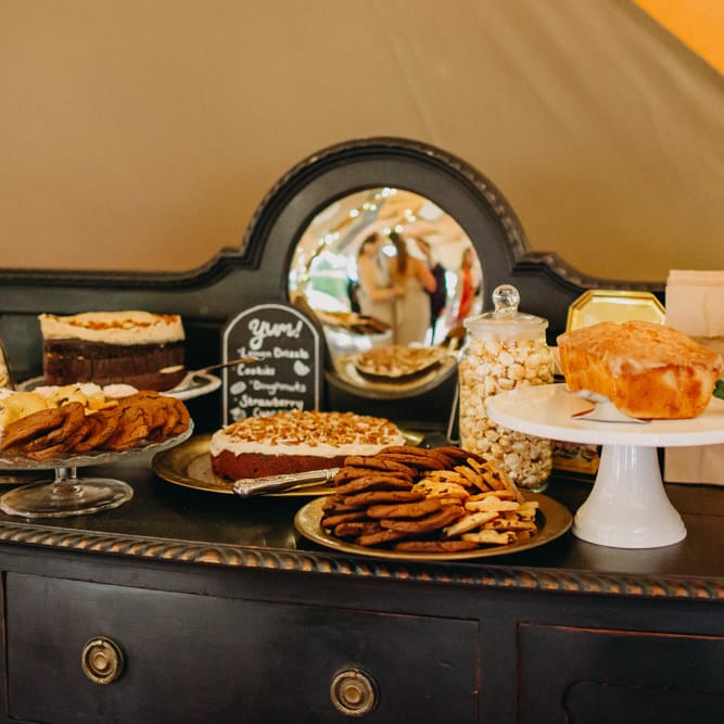 Wedding Dessert Table on Vintage Dresser | DIY Rustic Tipi Wedding at Riverhill Gardens, Sevenoaks | Frances Sales Photography