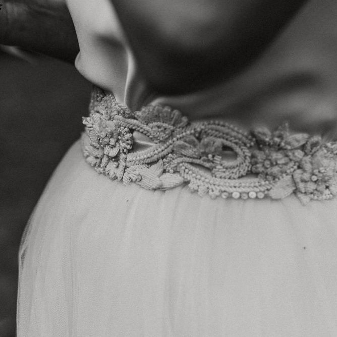 Bride wearing Halfpenny London two piece dress with embellished belt