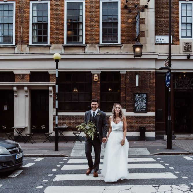 Bride and groom at Stoke Newington Town Hall wedding in autumn