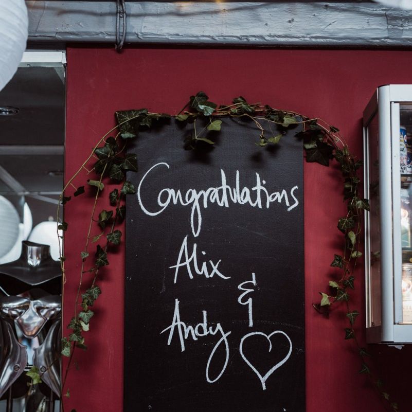 Chalkboard wedding sign at pub reception