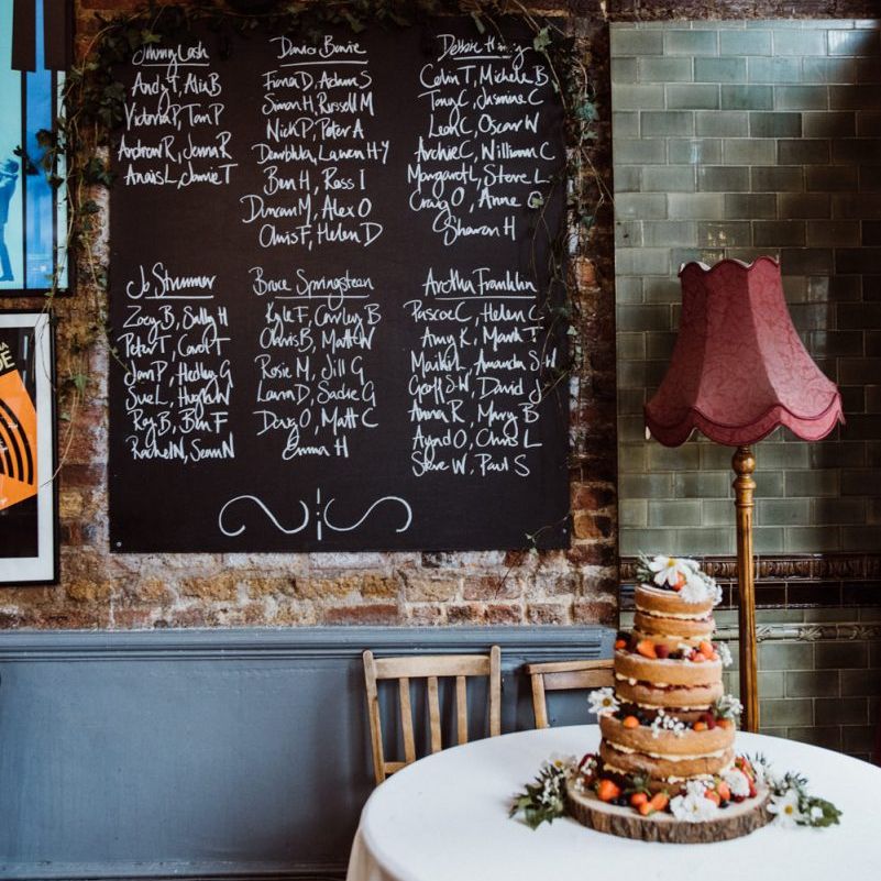 Chalkboard table plan at pub reception with naked wedding cake decorated with berries