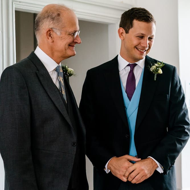 Groom in Henry Herbert Tailors Morning Suit | Traditional Green/Blue Danish Wedding at Scandinavian Country House, Jomfruens Egede in Faxe, Denmark | John Barwood Photography