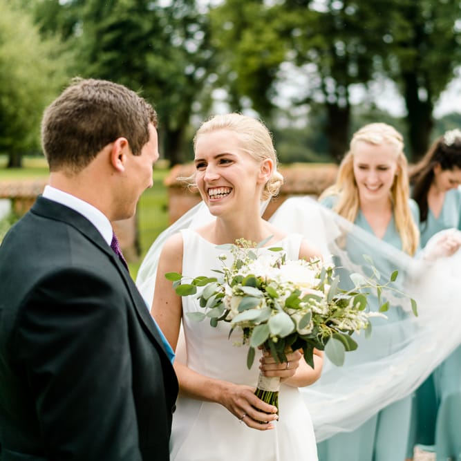 Bride in Caroline Castigliano Wedding Dress | Groom in Henry Herbert Tailors Morning Suit | Traditional Green/Blue Danish Wedding at Scandinavian Country House, Jomfruens Egede in Faxe, Denmark | John Barwood Photography