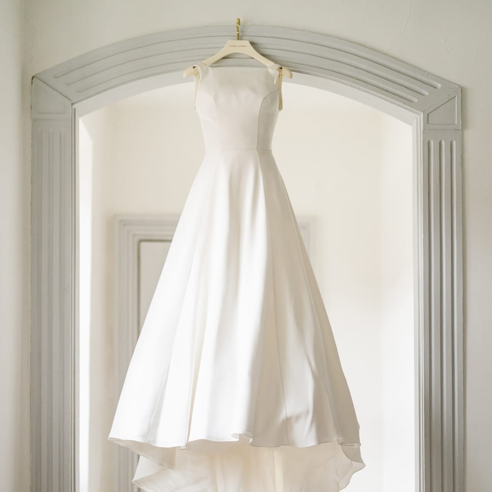 Elegant Caroline Castigliano Bridal Gown | Traditional Green/Blue Danish Wedding at Scandinavian Country House, Jomfruens Egede in Faxe, Denmark | John Barwood Photography
