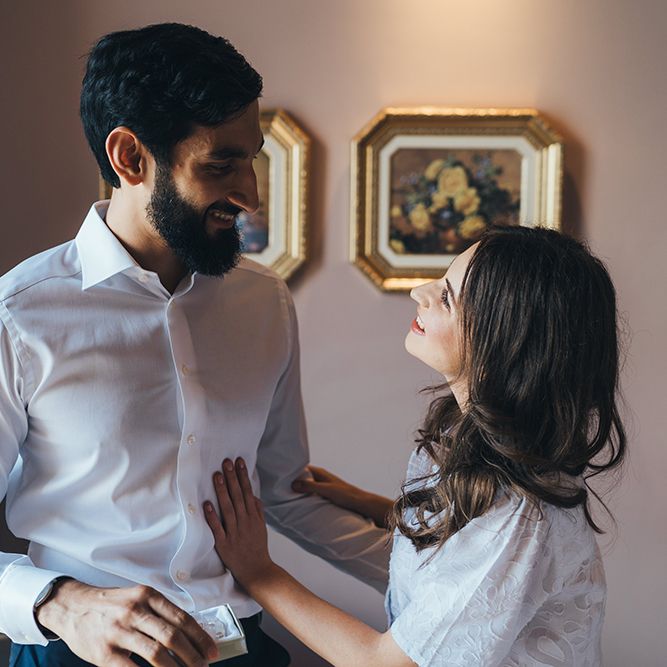 Bride and Groom Getting Ready Together on Morning of Elopement