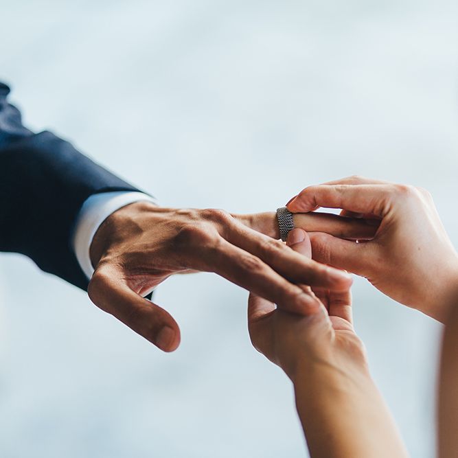 Bride Putting on Grooms Wedding Band