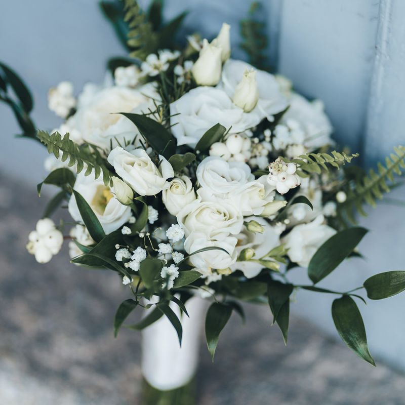 All White Wedding Flower Bouquet with Green Foliage