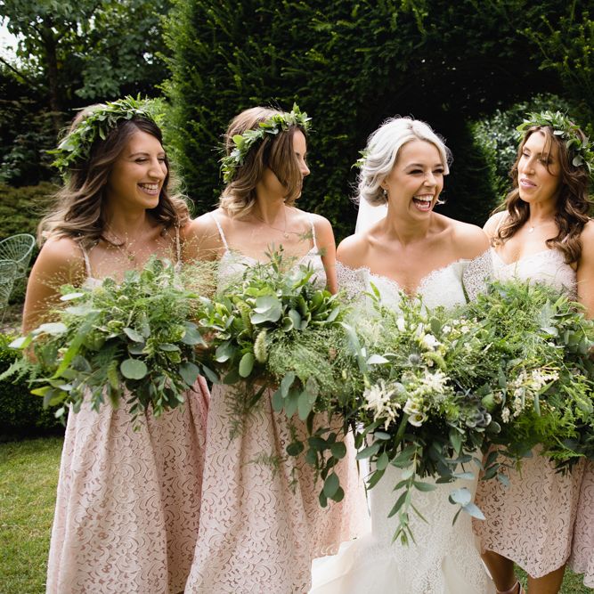 Bridesmaids In Short Pink Dessy Dresses // Dewsall Court Wedding With Bride In Fishtail Gown 'Adele' By Augusta Jones With Images From Chris Barber Photography And Film From Blooming Lovely Films