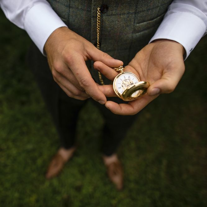 Pocket Watch For Groom // Dewsall Court Wedding With Bride In Fishtail Gown 'Adele' By Augusta Jones With Images From Chris Barber Photography And Film From Blooming Lovely Films