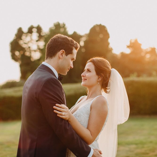 Golden Dusk Couple Shots | Church Wedding Ceremony | Bride in Karen Willis Holmes | Groom in Custom Made Suit by Suit Supply | Summer Wedding at Family Home in Kent | Glass Marquee from Academy Marquees | Frances Sales Photography