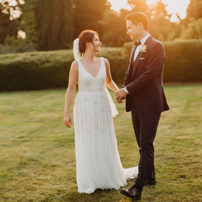 Golden Dusk Couple Shots | Church Wedding Ceremony | Bride in Karen Willis Holmes | Groom in Custom Made Suit by Suit Supply | Summer Wedding at Family Home in Kent | Glass Marquee from Academy Marquees | Frances Sales Photography