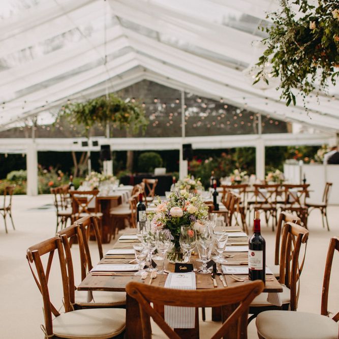 Rustic Tables | Soft gold Finishes | Hand Stitched Linen Napkins | Bride in Karen Willis Holmes | Groom in Custom Made Suit by Suit Supply | Summer Wedding at Family Home in Kent | Glass Marquee from Academy Marquees | Frances Sales Photography