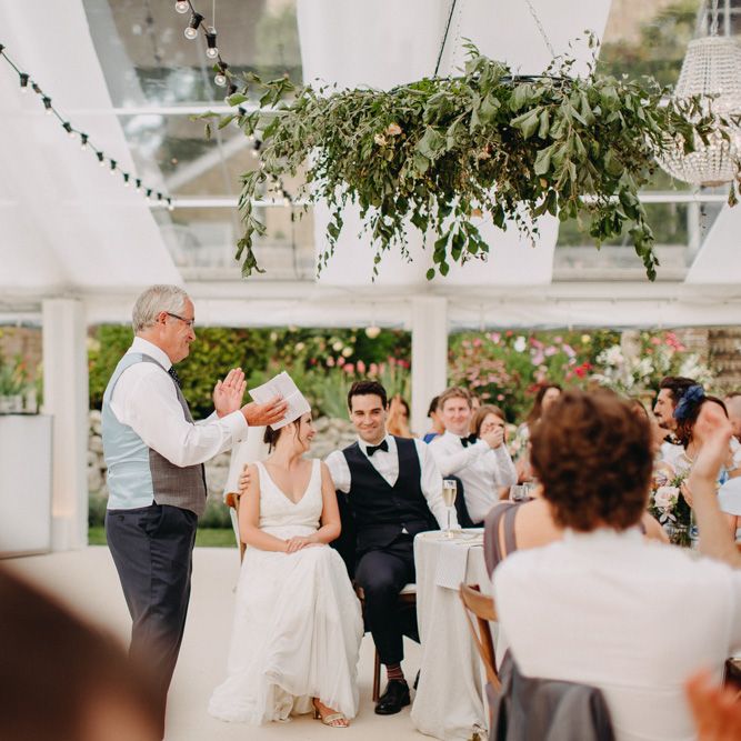 Speeches | Flowers from Topiary Tree | Bride in Karen Willis Holmes | Groom in Custom Made Suit by Suit Supply | Summer Wedding at Family Home in Kent | Glass Marquee from Academy Marquees | Frances Sales Photography