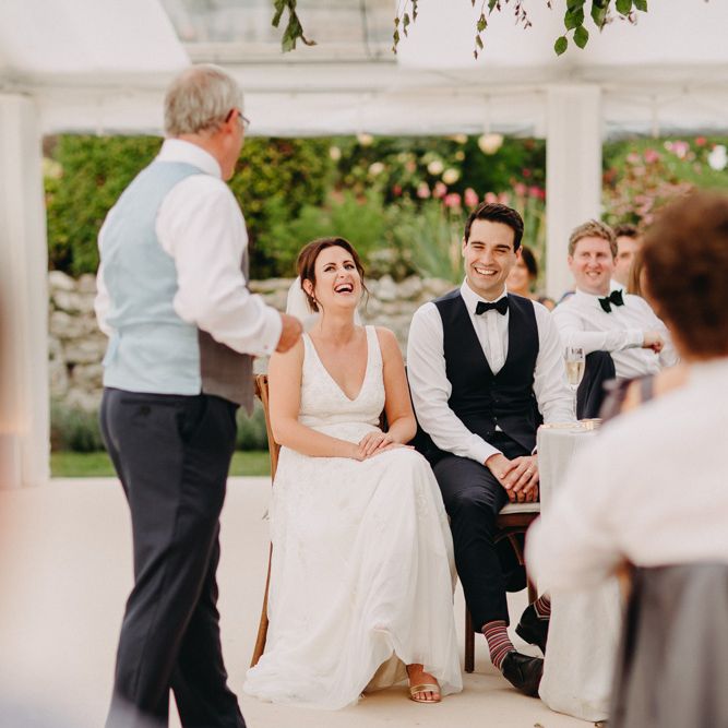 Speeches | Flowers from Topiary Tree | Bride in Karen Willis Holmes | Groom in Custom Made Suit by Suit Supply | Summer Wedding at Family Home in Kent | Glass Marquee from Academy Marquees | Frances Sales Photography