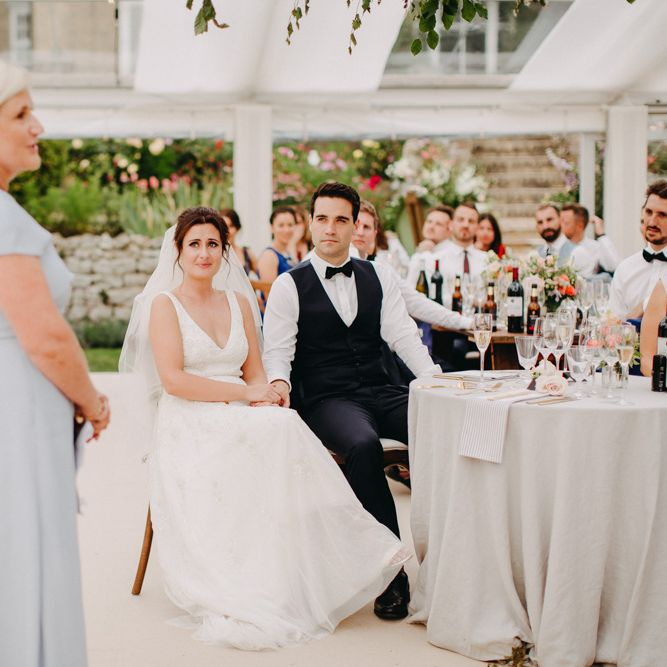Speeches | Flowers from Topiary Tree | Bride in Karen Willis Holmes | Groom in Custom Made Suit by Suit Supply | Summer Wedding at Family Home in Kent | Glass Marquee from Academy Marquees | Frances Sales Photography