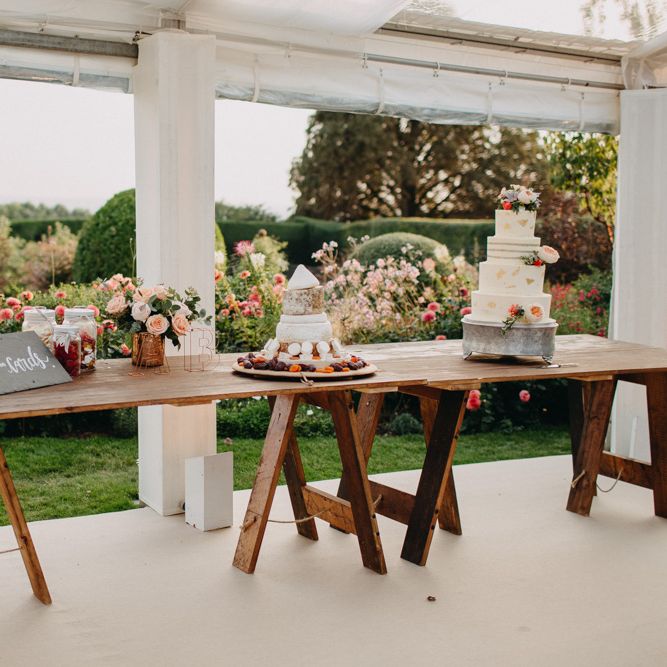 Cake Table | Flowers from Topiary Tree | Bride in Karen Willis Holmes | Groom in Custom Made Suit by Suit Supply | Summer Wedding at Family Home in Kent | Glass Marquee from Academy Marquees | Frances Sales Photography