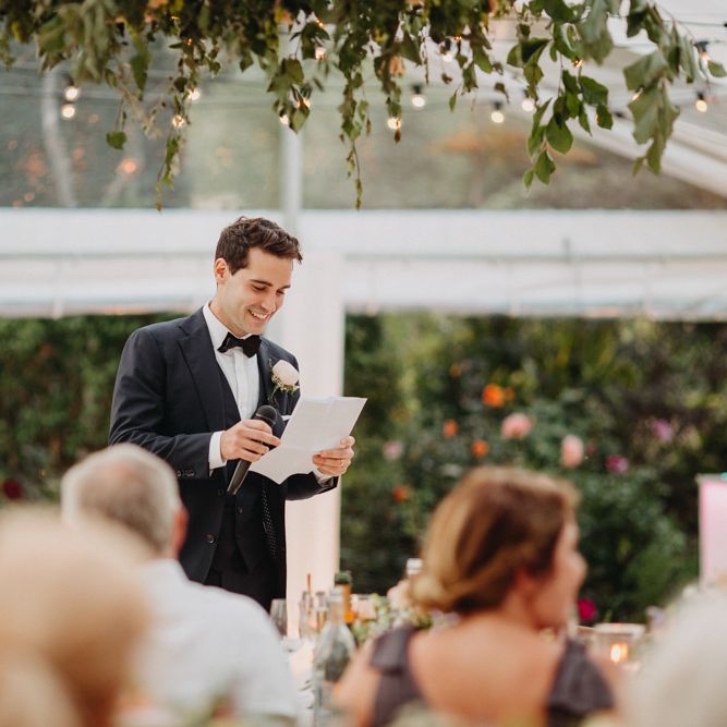Speeches | Flowers from Topiary Tree | Bride in Karen Willis Holmes | Groom in Custom Made Suit by Suit Supply | Summer Wedding at Family Home in Kent | Glass Marquee from Academy Marquees | Frances Sales Photography