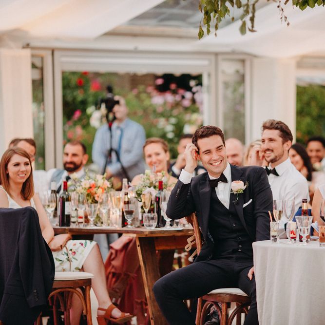 Speeches | Flowers from Topiary Tree | Bride in Karen Willis Holmes | Groom in Custom Made Suit by Suit Supply | Summer Wedding at Family Home in Kent | Glass Marquee from Academy Marquees | Frances Sales Photography