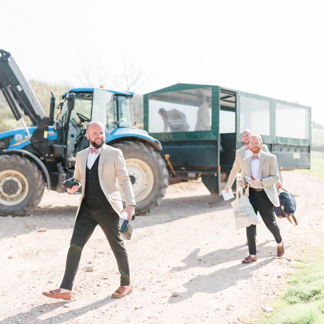 Groom in Black Chino's and Beige Blazer with Bow Tie and Loafers