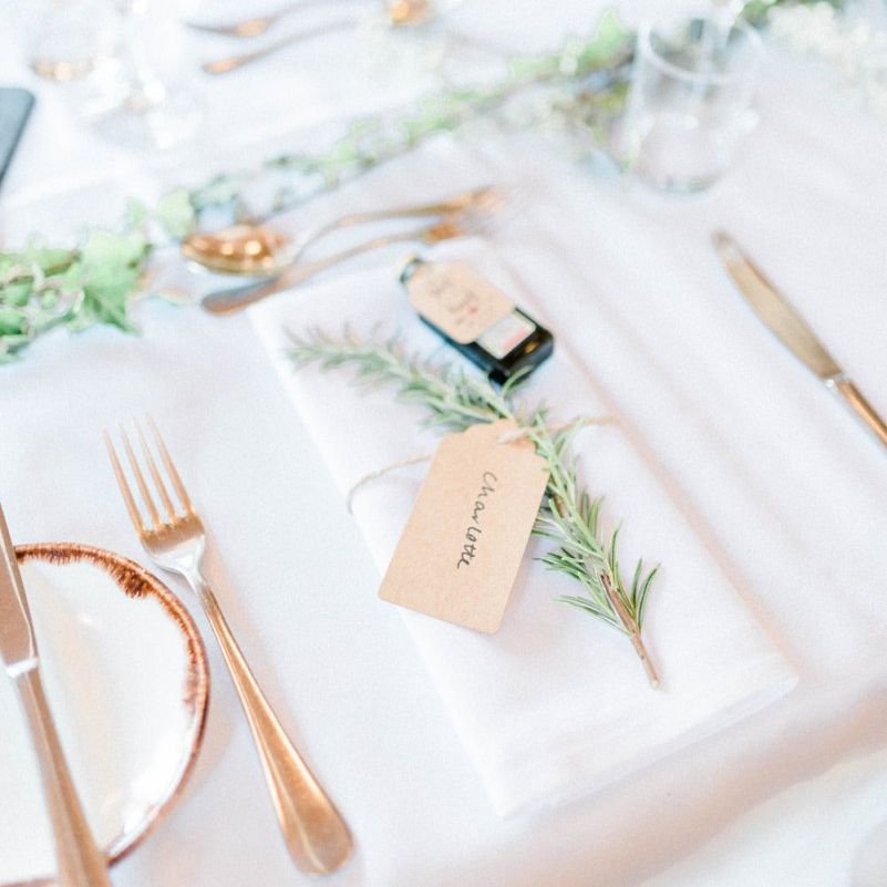 Place Setting with Jägermeister Miniature, Luggage Tag and Rosemary Sprig