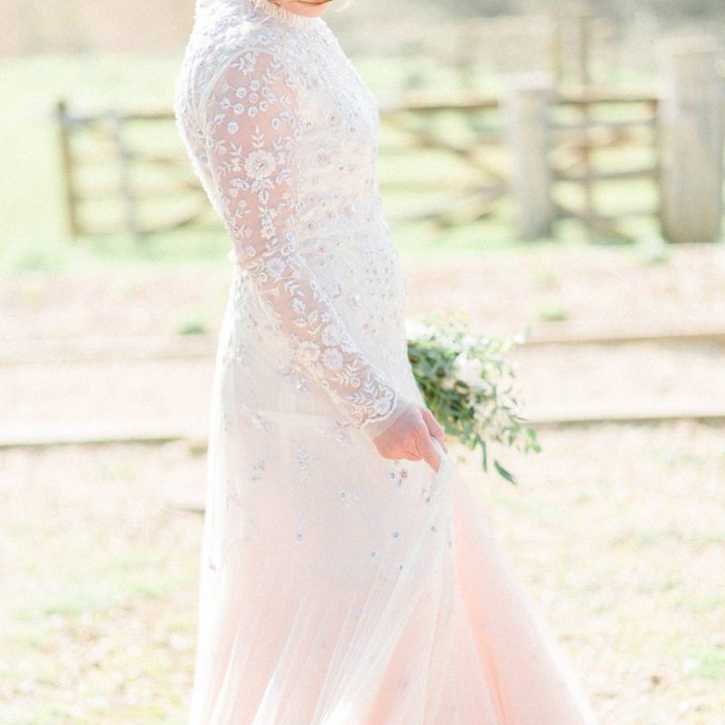 Bride in Needle &amp; Thread Pink Ombre Wedding Dress with Long Sleeves