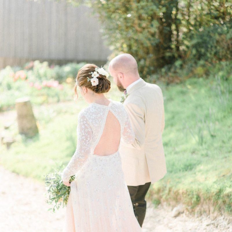 Bride in Needle &amp; Thread Wedding Dress with Key Hole Back Detail