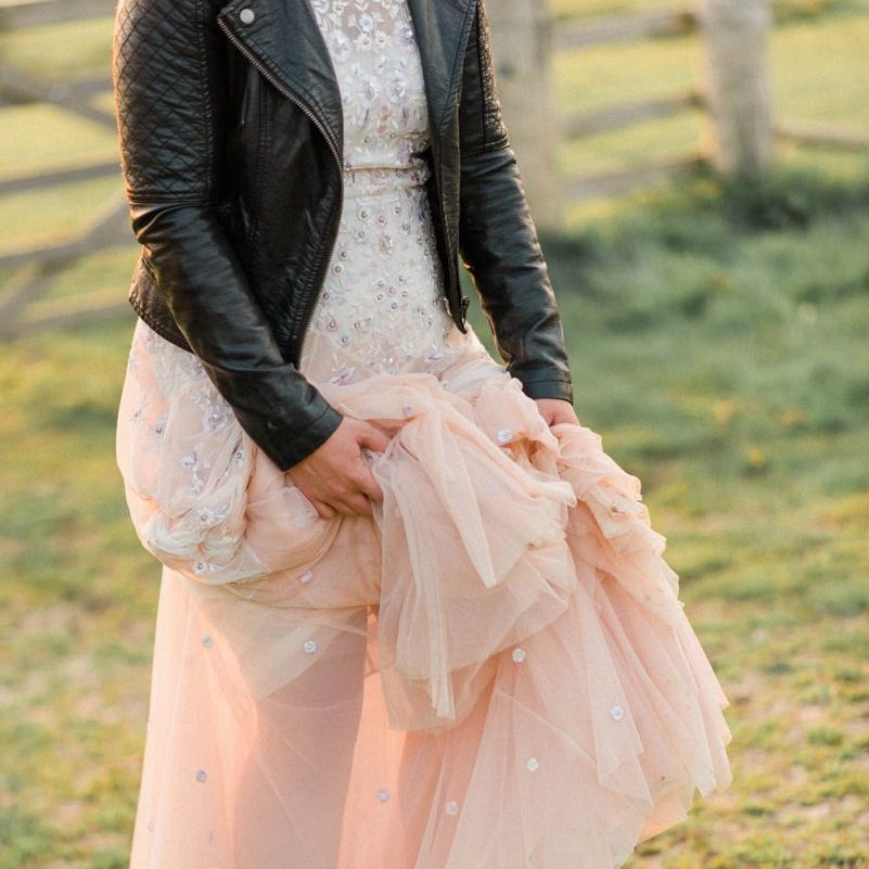 Cool Bride in Pink Ombre Needle &amp; Thread Wedding Dress with Valentino Rockstud Shoes and Leather Jacket Bridal Accessories