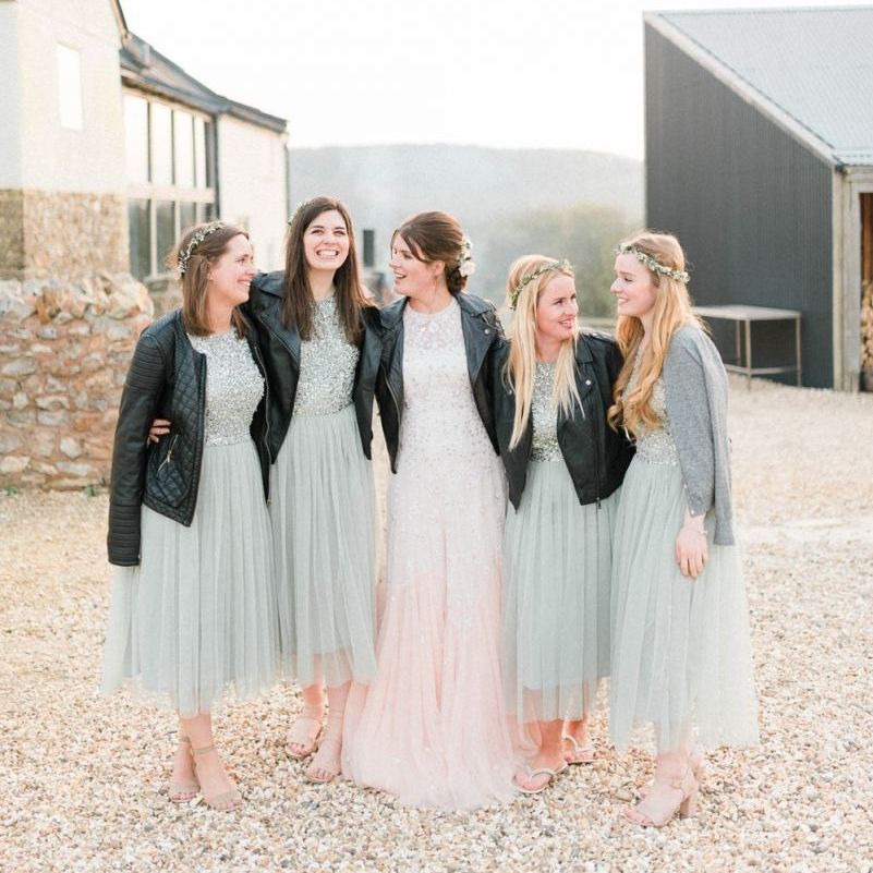 Bridesmaids in Pale Blue Sequin &amp; Tulle Dresses with Leather Jackets and Bride in Needle &amp; Thread Dress with Leather Jacket