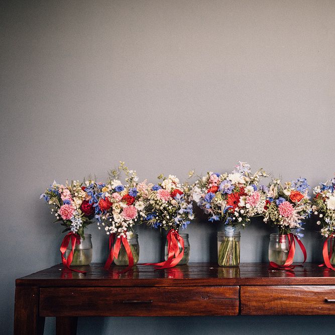 Bright Bridal Party Bouquets in Vases