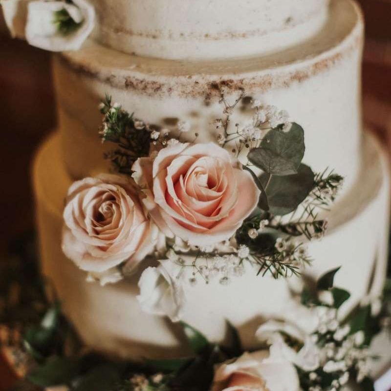 Semi naked cake with pink rose decor on tree stump stand for rustic wedding
