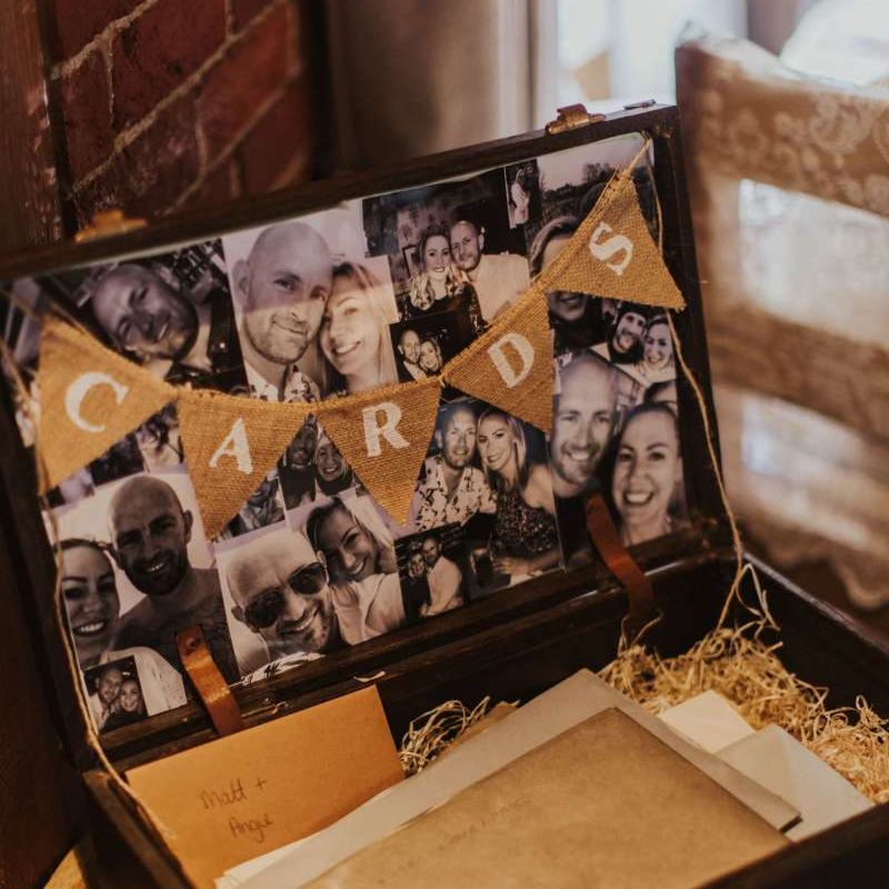 Personalised card box with bunting sign and black &amp; white pictures for rustic reception