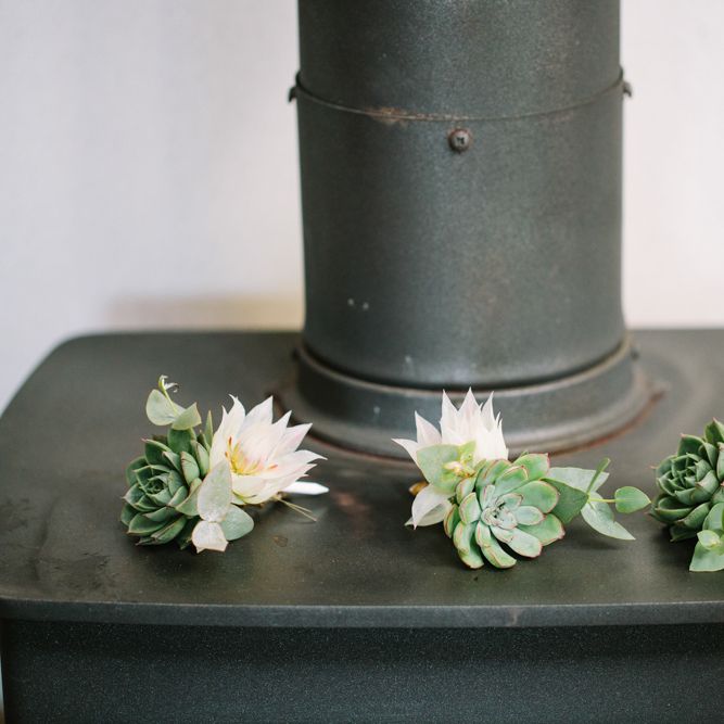 Succulent Buttonholes | DIY Country Wedding at Warborne Farm, Lymington | Camilla Arnhold Photography