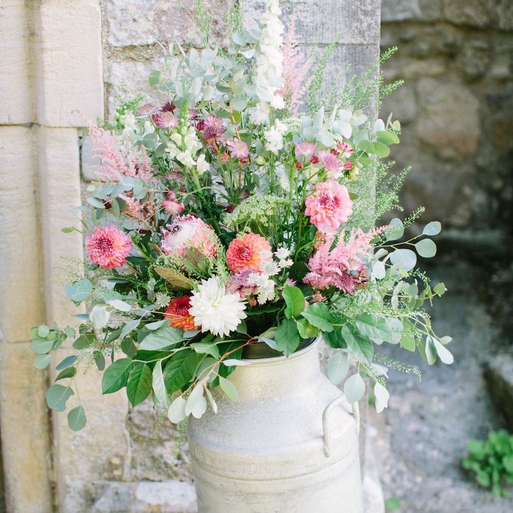 Milk Churn Wedding Flowers | DIY Country Wedding at Warborne Farm, Lymington | Camilla Arnhold Photography