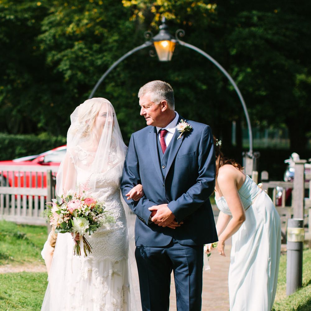 Bridal Entrance in Claire Pettibone Whitney Bridal Gown with Cape | Father of the Bride | DIY Country Wedding at Warborne Farm, Lymington | Camilla Arnhold Photography