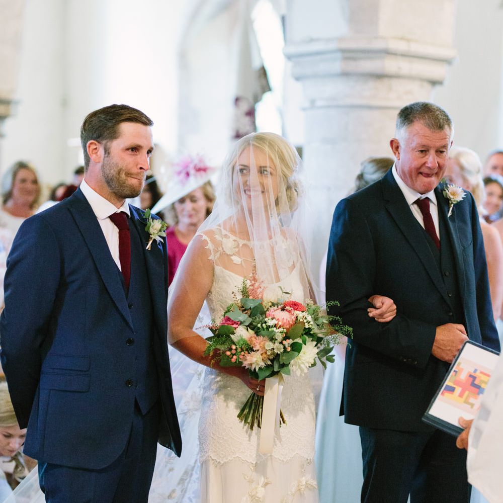 Church Wedding Ceremony | Bride in Claire Pettibone Whitney Bridal Gown with Cape | Groom in French Connection Navy Suit | DIY Country Wedding at Warborne Farm, Lymington | Camilla Arnhold Photography