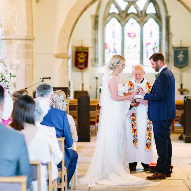 Church Wedding Ceremony | Bride in Claire Pettibone Whitney Bridal Gown with Cape | Groom in French Connection Navy Suit | DIY Country Wedding at Warborne Farm, Lymington | Camilla Arnhold Photography