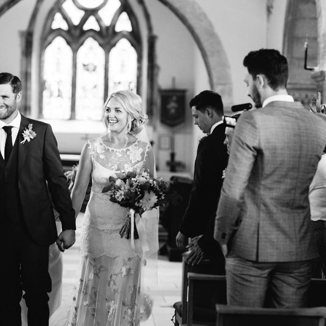 Church Wedding Ceremony | Bride in Claire Pettibone Whitney Bridal Gown with Cape | Groom in French Connection Navy Suit | DIY Country Wedding at Warborne Farm, Lymington | Camilla Arnhold Photography