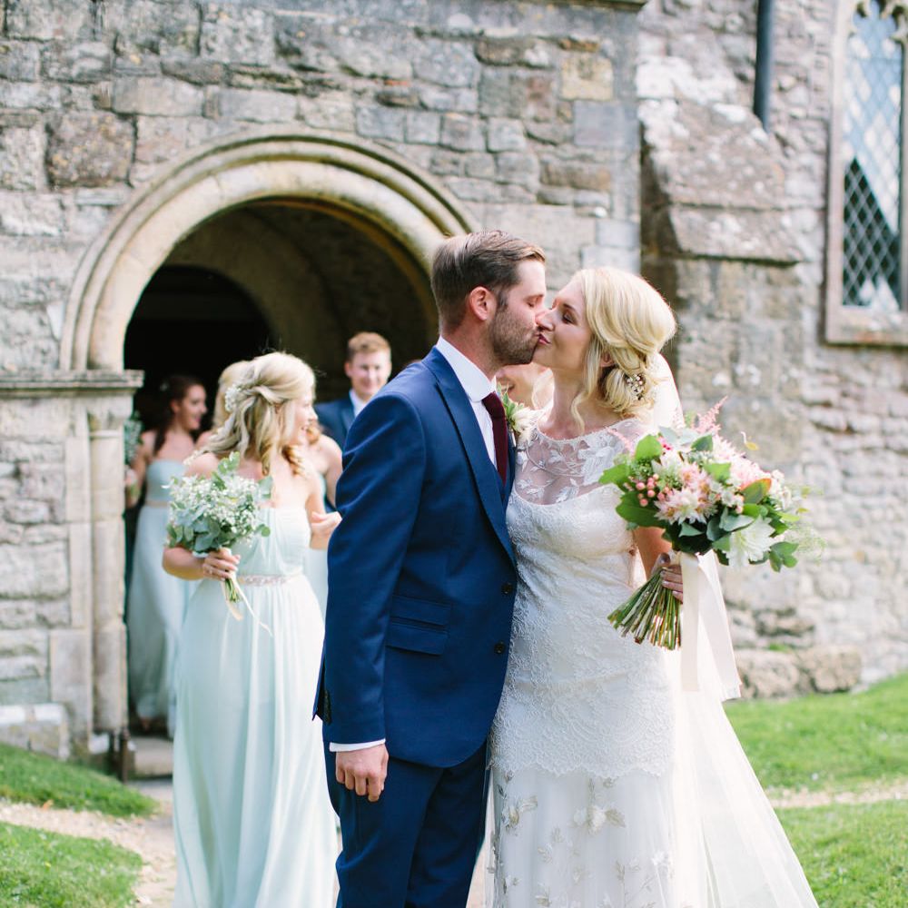 Church Wedding | Bride in Claire Pettibone Whitney Bridal Gown with Cape | Groom in French Connection Navy Suit | DIY Country Wedding at Warborne Farm, Lymington | Camilla Arnhold Photography