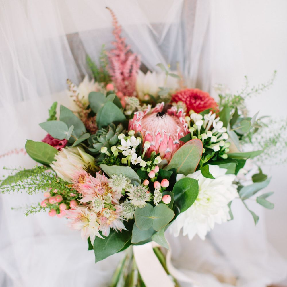 Protea Wedding Bouquet | DIY Country Wedding at Warborne Farm, Lymington | Camilla Arnhold Photography