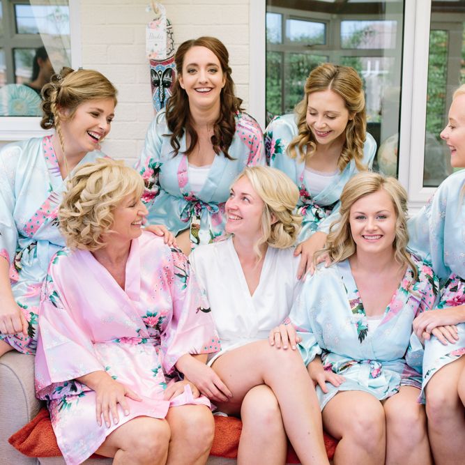 Wedding Morning Bridal Preparations in Matching Getting Ready Robes | DIY Country Wedding at Warborne Farm, Lymington | Camilla Arnhold Photography