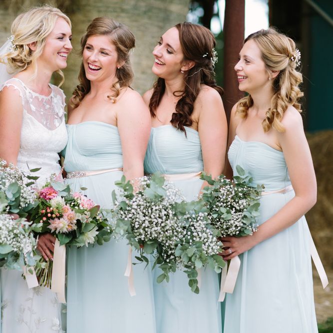 Bridal Party | Bride in Claire Pettibone Whitney Bridal Gown with Cape | Pale Blue Bridesmaid Dresses | DIY Country Wedding at Warborne Farm, Lymington | Camilla Arnhold Photography