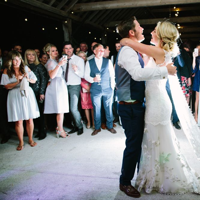 First Dance | Bride in Claire Pettibone Whitney Bridal Gown with Cape | Groom in French Connection Navy Suit | DIY Country Wedding at Warborne Farm, Lymington | Camilla Arnhold Photography