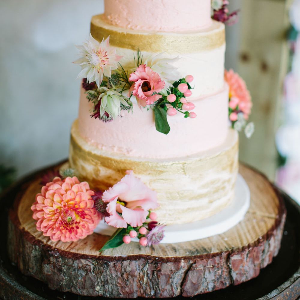 Pink &amp; Gold Wedding Cake | DIY Country Wedding at Warborne Farm, Lymington | Camilla Arnhold Photography