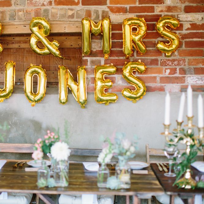 Gold Foil Balloons | Top Table Wedding Decor | DIY Country Wedding at Warborne Farm, Lymington | Camilla Arnhold Photography