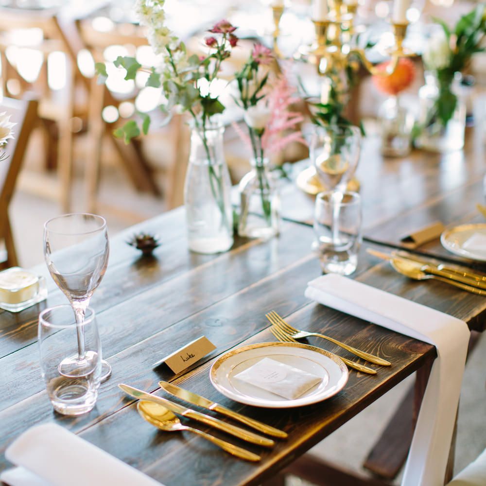 Gold Cutlery Place Setting | DIY Country Wedding at Warborne Farm, Lymington | Camilla Arnhold Photography